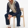 Navy Vertical Stripe Knitted Polo Jumper L