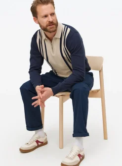 Navy Vertical Stripe Knitted Polo Jumper L