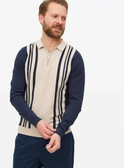Navy Vertical Stripe Knitted Polo Jumper L