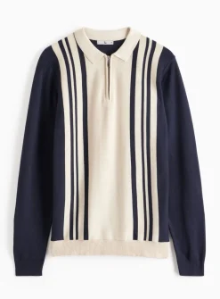 Navy Vertical Stripe Knitted Polo Jumper L