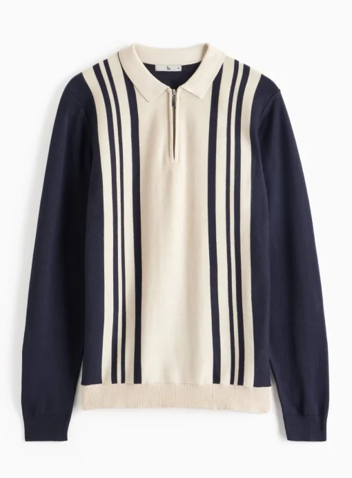Navy Vertical Stripe Knitted Polo Jumper L