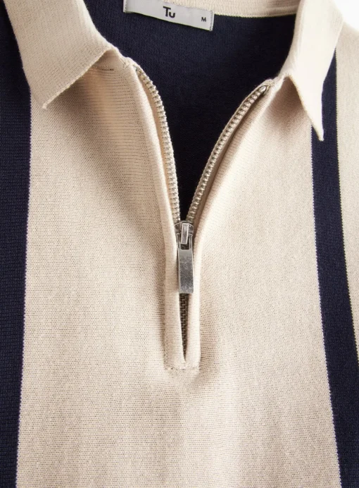Navy Vertical Stripe Knitted Polo Jumper L