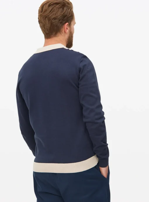 Navy Vertical Stripe Knitted Polo Jumper L