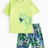 Neon Yellow Dino Print Rash Vest & Swim Shorts Sets 5 years