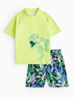Neon Yellow Dino Print Rash Vest & Swim Shorts Sets 5 years