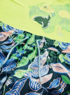 Neon Yellow Dino Print Rash Vest & Swim Shorts Sets 5 years