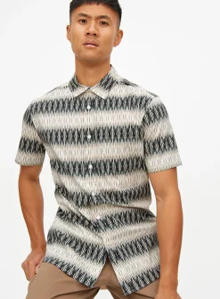 Neutral Ikat Print Slim Fit Short Sleeve Shirt XL