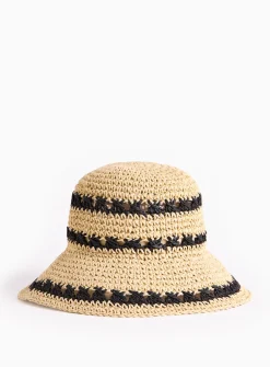 Neutral Stripe Cloche Straw Hat One Size