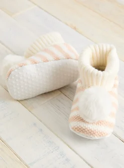 Neutral Stripe Pom Pom Slipper Boots 12-18 months