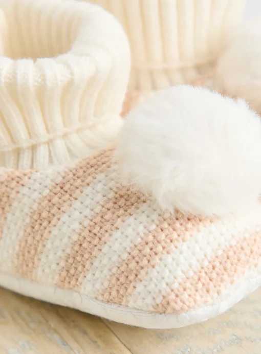 Neutral Stripe Pom Pom Slipper Boots 12-18 months