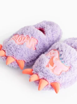 Novelty Lilac Dinosaur Borg Fleece Slippers 1-2