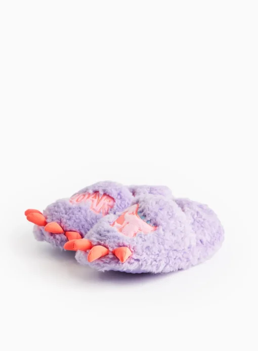 Novelty Lilac Dinosaur Borg Fleece Slippers 1-2