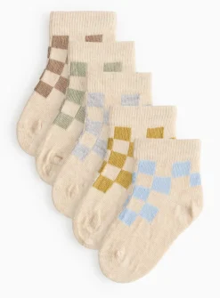 Oatmeal Chequered Socks 5 Pack 1-6 months