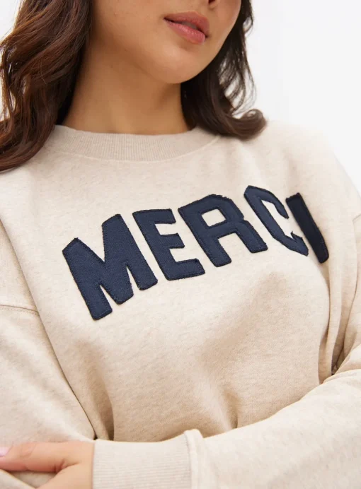 Oatmeal Merci Slogan Crew Sweatshirt XXL