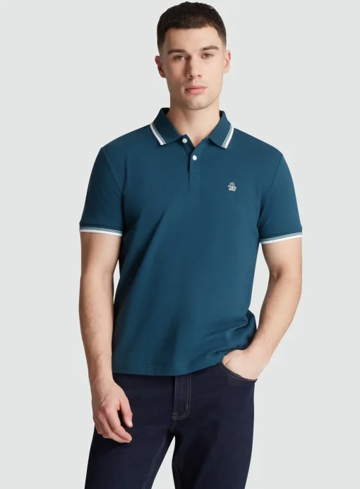 ORIGINAL PENGUIN Sticker Pete Tipped Pique Polo - Teal S