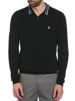 ORIGINAL PENGUIN Sticker Pete 1/4 Zip Cotton Jumper In Black S