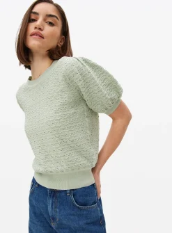 Pale Green Stitch Detail Puff Sleeve Top 24