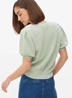 Pale Green Stitch Detail Puff Sleeve Top 24