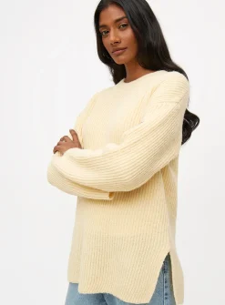 Pale Yellow Side Split Relaxed Knitted Jumper S