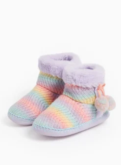 Pastel Rainbow Knitted Faux Fur Lined Slipper Boots 3-4