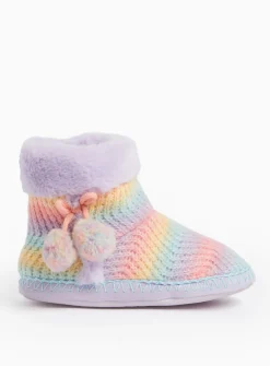 Pastel Rainbow Knitted Faux Fur Lined Slipper Boots 3-4
