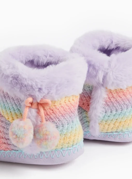 Pastel Rainbow Knitted Faux Fur Lined Slipper Boots 3-4
