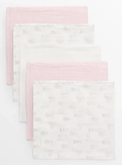 Pink Bunny Print & White Muslin Squares 5 Pack One Size