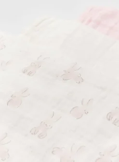 Pink Bunny Print & White Muslin Squares 5 Pack One Size