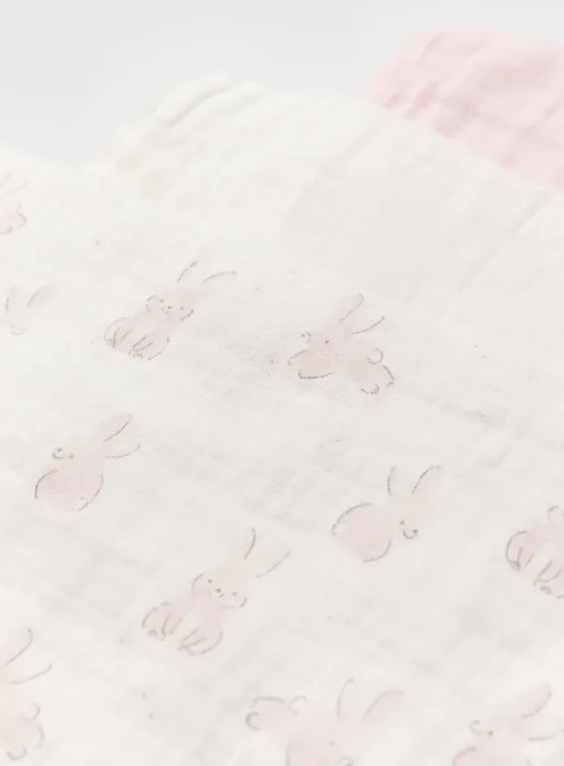 Pink Bunny Print & White Muslin Squares 5 Pack One Size