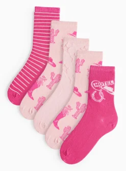 Pink Cowgirl Print Ankle Socks 5 Pack 4-8
