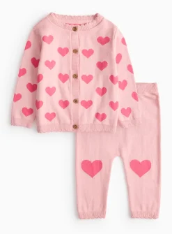 Pink Heart Print Knitted Cardigan & Leggings Set Up to 3 mths