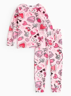 Pink Heart Print Slinky Fleece Pyjamas 13-14 years