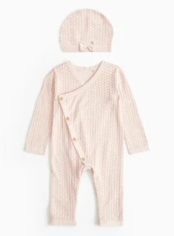 Pink Knitted Romper Set & Hat 3-6 months