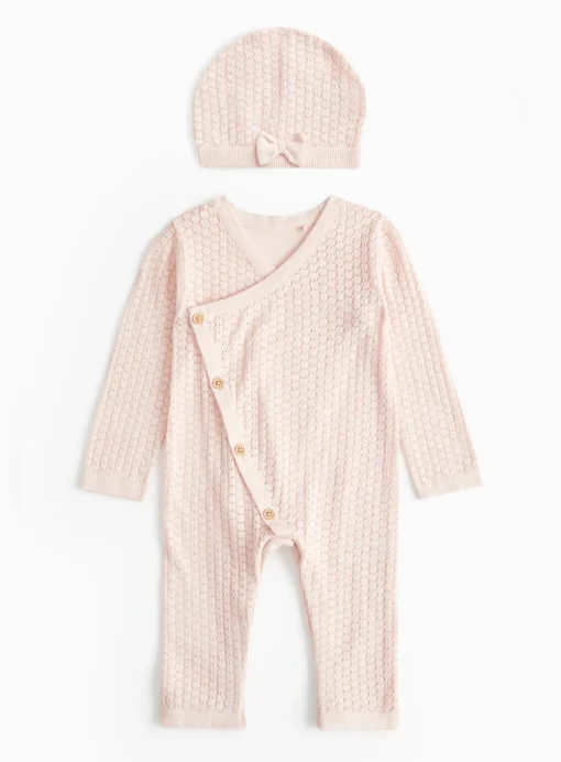 Pink Knitted Romper Set & Hat 3-6 months