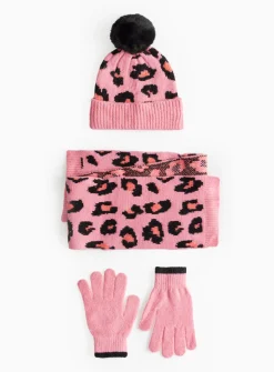 Pink Leopard Hat, Scarf & Gloves Set 10-13 years