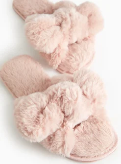 Pink Plush Knot Detail Slippers S