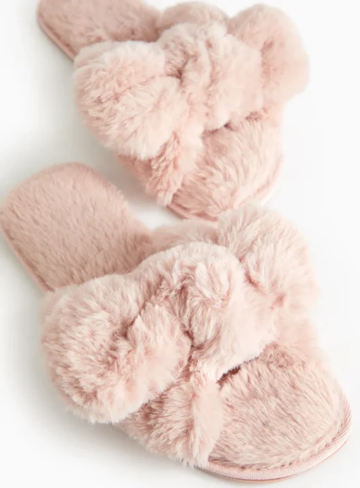 Pink Plush Knot Detail Slippers S
