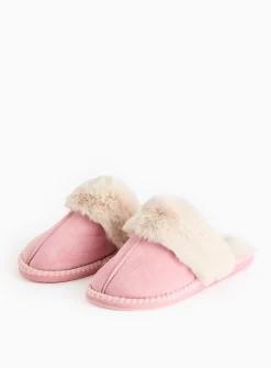 Pink Stitch Detail Faux Fur Cuff Mule Slippers L