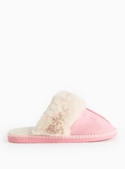 Pink Stitch Detail Faux Fur Cuff Mule Slippers L