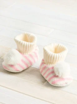 Pink Striped Pom Pom Booties 12-18 months