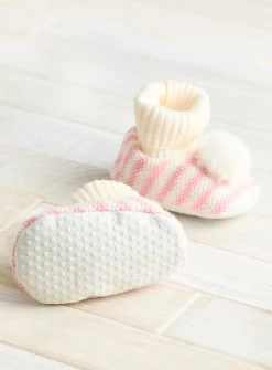 Pink Striped Pom Pom Booties 12-18 months