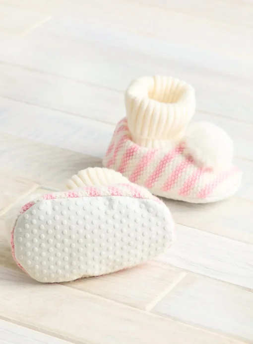 Pink Striped Pom Pom Booties 12-18 months