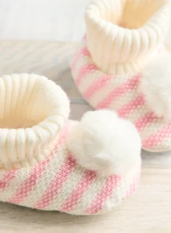 Pink Striped Pom Pom Booties 12-18 months
