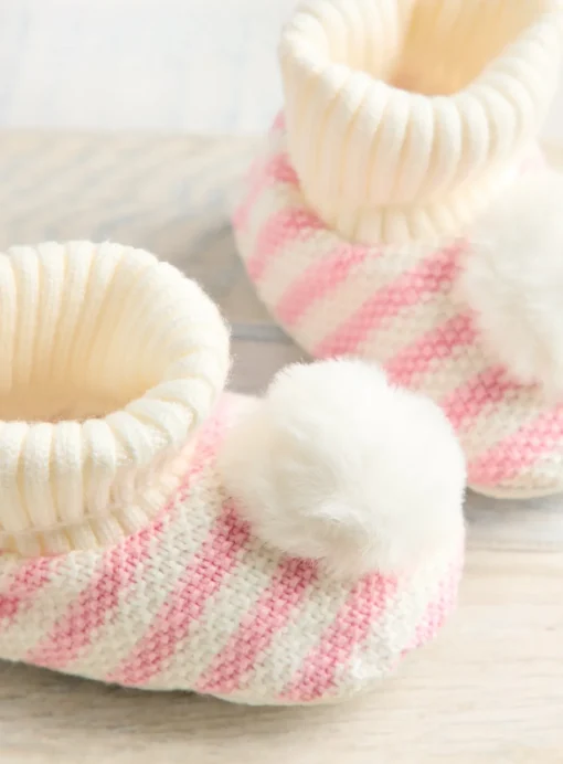 Pink Striped Pom Pom Booties 12-18 months