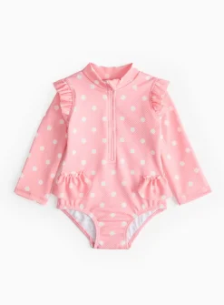 Pink Textured Long Sleeve Spot Print Swimsuit 6-9 months