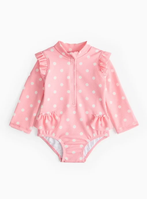 Pink Textured Long Sleeve Spot Print Swimsuit 6-9 months