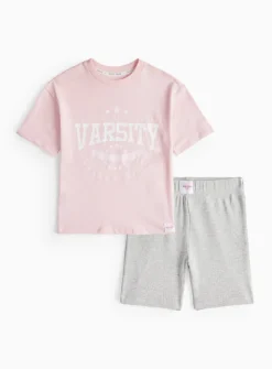 Pink Varsity T-Shirt & Grey Cycling Shorts 7-8 years