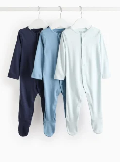 Plain Blue Long Sleeve Sleepsuits 3 Pack Up to 3 mths