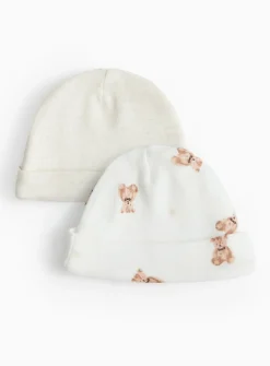 Premature Oatmeal Bear Print Cotton Hats 2 Pack 3lbs - 1.4kg
