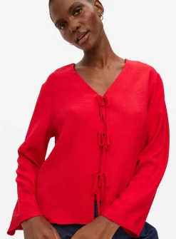 Red Tie Front V-Neck Blouse 16